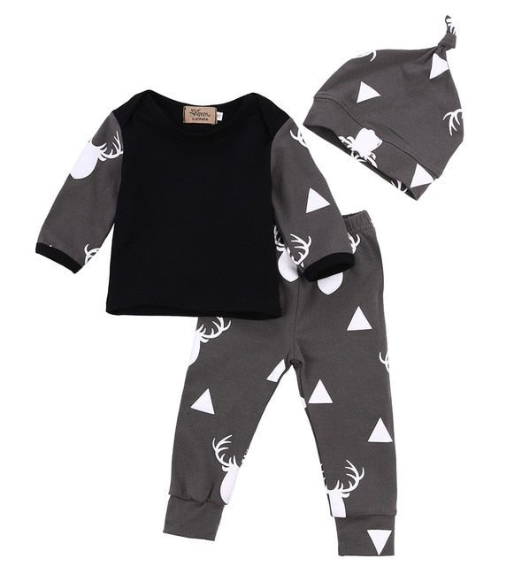 Newborn Baby Boys Girls Clothes Printed Deer T-shirt + Pant + Hat 3pcs Outfits Set Cute Cartoon Baby Clothing Sets 0-24M