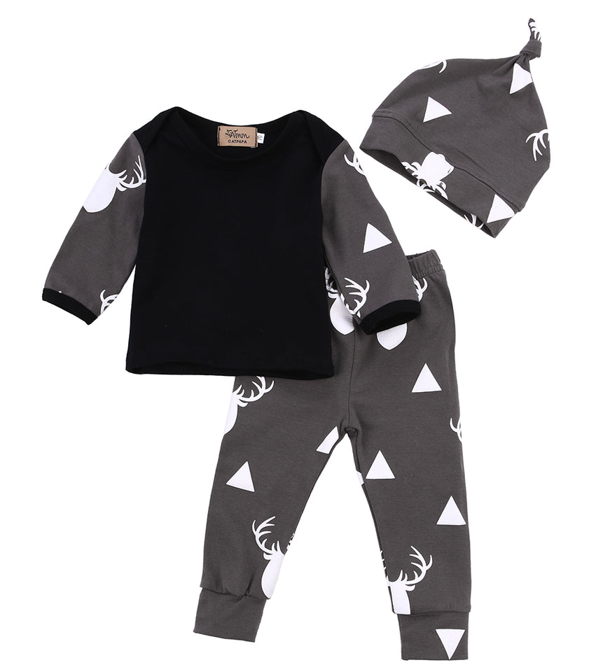 Newborn Baby Boys Girls Clothes Printed Deer T-shirt + Pant + Hat 3pcs Outfits Set Cute Cartoon Baby Clothing Sets 0-24M