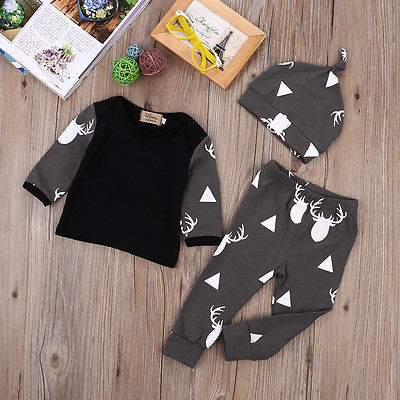Newborn Baby Boys Girls Clothes Printed Deer T-shirt + Pant + Hat 3pcs Outfits Set Cute Cartoon Baby Clothing Sets 0-24M